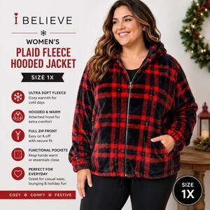 I Believe Womens 1X Red Black Plaid Fleece Hoodie Jacket Full Zip NWT